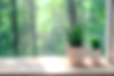 Pencere kenarındaki yeşil bitkilerin sakin ve yumuşak odaklı görüntüsü. Doğal ışık filtreler, canlı yeşilliği artırır ve dinlenmek ve gençleşmek için sakin bir atmosfer yaratır..