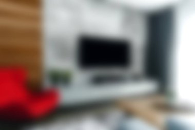 Parlak kırmızı bir aksanlı sandalye ve davetkar bir atmosfer yaratmak için tasarlanmış parlak bir televizyonun bulunduğu rahat ve modern bir oturma odasını keşfedin..