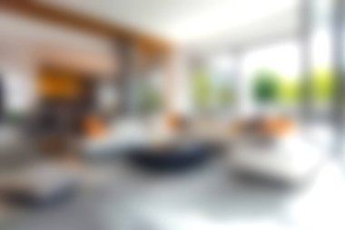 Parlak ve havadar modern oturma odası iç dekorasyon ve rahat mobilyalar. Büyük pencereler doğal ışık ile sıcak bir atmosfer yaratır..