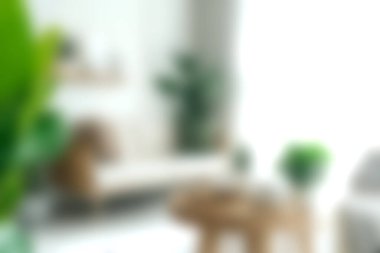 Işıl ışıl ve rahat oturma odası, iç mekan bitkileriyle dolu, yumuşak doğal ışıkla yıkanmış. Modern dekor rahatlamak için mükemmel bir ortam yaratıyor..