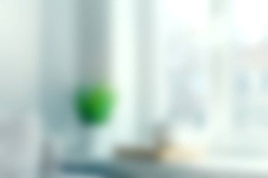 Yumuşak doğal ışığın pencereden içeri aktığı parlak ve havadar bir ev. Rahatlatıcı bir atmosfer için minimalist dekor ve yeşil bir bitki..