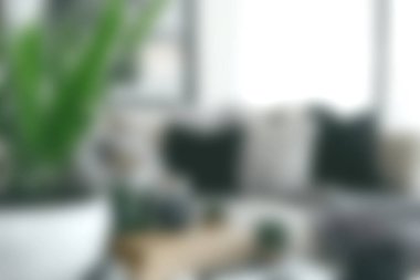 Şık bir oturma odası, bereketli iç mekan bitkileri ve yumuşak yastıklarla dolu, rahat ve davetkar bir atmosferi bol doğal ışıkla somutlaştıran..