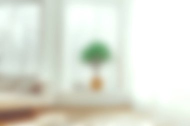 Bu rahat ve parlak iç mekan, minimalist bir masa üzerinde yemyeşil bir bitki barındırıyor ve pencerenin yanında rahat bir ortam yaratıyor..