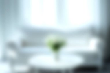 Beyaz bir kanepe ve taze çiçeklerle süslenmiş orta masa içeren parlak ve havadar bir oturma odası dinlenmek için sakin ve davetkar bir atmosfer yaratıyor..