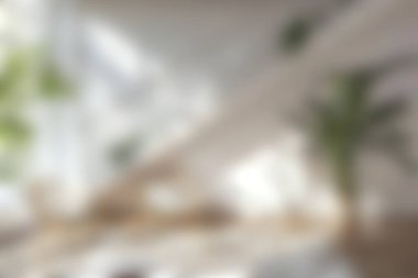 Doğal ışık sergileriyle dolu parlak ve modern bir iç mekan yeşillik, şık mobilyalar ve rahatlama ve rahatlama için mükemmel rahat bir atmosfer..