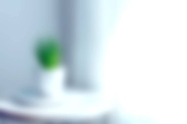 Modern bir ev ortamında sükunet ve güzelliği yakalayan, parlak, minimalist bir iç mekandaki yeşil bitkinin yumuşak odaklı görüntüsü..