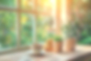 İçerideki sakin sahne, pencereden süzülen yumuşak ışığı gösteriyor, masadaki saksı bitkilerini aydınlatıyor, sakin bir atmosfer yaratıyor..