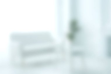 Minimalist oturma odasını gösteren yumuşak odaklı bir resim. Beyaz bir kanepe ve ince yeşil bir bitki. Huzurlu ve davetkar bir atmosfer yaratıyor..