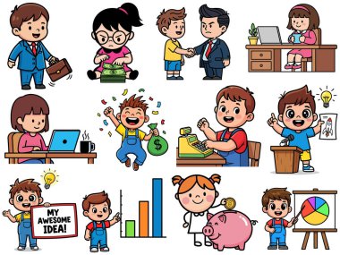 Çizgi film Çocukları Finans Eğitimi Para Yönetimi Ofisi Başarı Çizimi