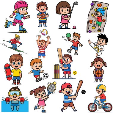 Kids Sports Activities Cartoon Illustration - Children Playing Games Like Football, Basketball, Cricket, Cycling, Tennis, Swimming, Skateboarding and More