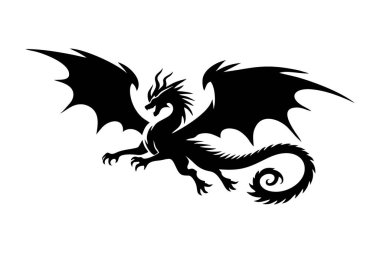 Efsanevi siyah ejderha çiziminin uçuştaki destansı duruşu, vektör siluetinde oluşturulmuş..