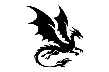 Çin ejderhası silueti stili. Modern vektör çizimi. Çin mitolojisinden esinlenilmiş modern ejderha vektörü. Dekoratif tasarım amaçları, dövmeler ve logolar için uygundur.
