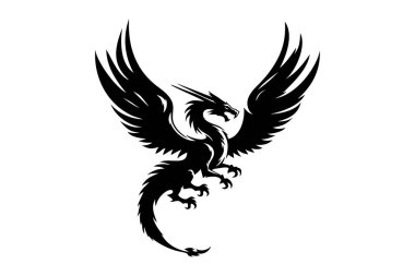 Ejderha dövmesi silueti. Siyah vektör çizimi. Vahşi ejderha tarzı siluet, dövme sanatı, fantezi kitabı kapakları ve gotik tasarım projeleri için tasarlanmış..