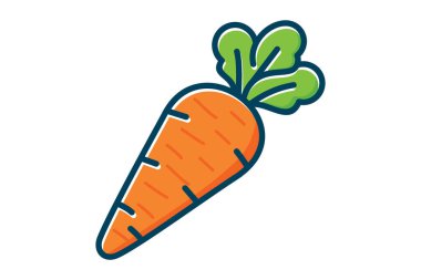 Düz çizgi film vektöründe taze havuç simgesi. Yeşil yapraklı taze turuncu havucun renkli düz vektörü. Sağlıklı gıda promosyonu, tarım grafikleri ve yemek tarifleri için uygun.