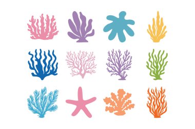 Renkli Mercan Resifi Siluetleri Koleksiyonu. Vektör Yosun ve Deniz Bitkileri Ayarlandı. Deniz Akvaryumu Tesisleri.