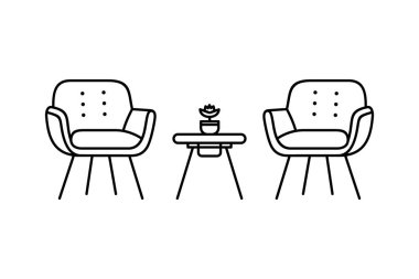 İskandinav koltuklarının siyah tasviri ve saksısı olan bir masa. Mobilya temalı minimalist tasarımlar için harika.