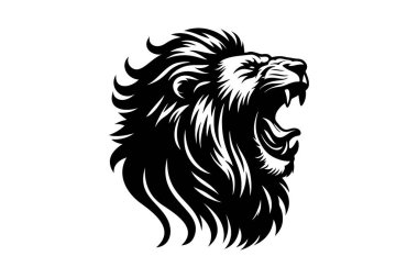 Siyah aslan kafa vektör sanatı. Görkemli ve vahşi bir siluet. Siyah siluet içinde bir aslanın cesur ve korkutucu görüntüsü. Güç, gurur ve cesaret temalı tasarımlar için ideal..