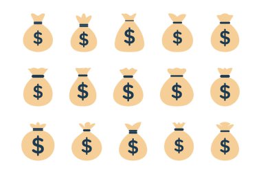 Finans, bankacılık ve zenginlik sembolleri için dolar içeren para çantası simgeleri koleksiyonu.