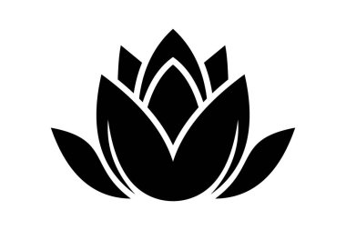 Basit, simetrik taç yaprakları olan siyah bir nilüfer çiçeğinin modern vektör çizimi. Lüks markalaşma, meditasyon temaları ve dövme tasarımları için ideal.