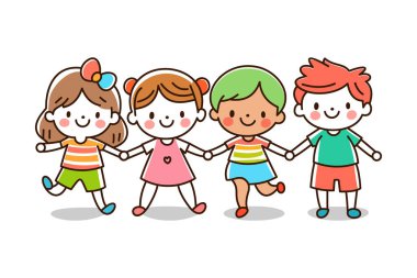Çeşitli Çocuklar Birlikte. Elele tutuşan Mutlu Çocuklar Çizgi Film Vektörü. Sevimli Çizgi Film Biçimi İllüstrasyonu.