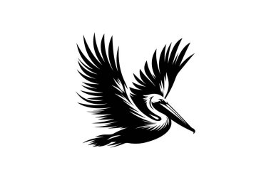 Uçuş Minimalist Kuş Vektörü İllüstrasyonunda Pelikan. Basit ve cesur pelikan silueti, deniz logoları, sahil kenarı ve okyanus yaban hayatı projeleri için ideal..