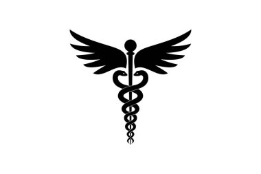 Tipik Black Caduceus Tıp Simgesi. Dünya çapında şifa, tıp ve sağlık kurumlarını temsil eden, caduceus 'un minimalist siyah silueti.
