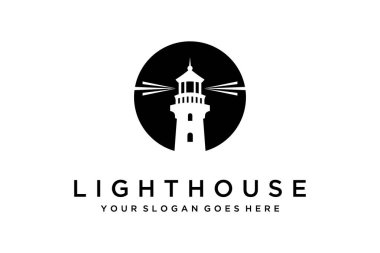 Siyah yuvarlak şekilli, temiz siluet içeren dairesel bir deniz feneri logo vektör tasarımı. Deniz markaları, deniz ticareti, yelkencilik kulüpleri ve sahil emlak logoları için mükemmel..