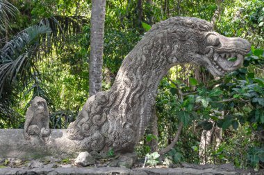 Bali Antik Taş Heykelleri ve Mitolojik Heykeller. Kutsal Maymun Ormanı Sığınağı Ubud Bali Endonezya 'da geleneksel Hayvan, Ejderha, Şeytanlar, İblisler, Tanrılar ve Koruyucular oymaları. Balis kültürü ve kutsal sanat mirası. 4K Res