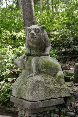 Bali Antik Taş Heykelleri ve Mitolojik Heykeller. Kutsal Maymun Ormanı Sığınağı Ubud Bali Endonezya 'da geleneksel Hayvan, Ejderha, Şeytanlar, İblisler, Tanrılar ve Koruyucular oymaları. Balis kültürü ve kutsal sanat mirası. 4K Res