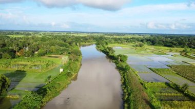 Yeşil peyzajlı Akan Kızılderili Nehri 'nin Manzarası. Ağaçlar ve Mavi Gökyüzü.