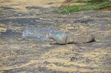 Plastik şişe atıkları bir deniz plajını kirletir. Plajda plastik şişeler