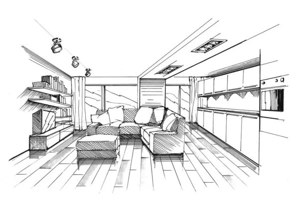 Náčrt Interiérového Designu Obývacího Pokoje Kuchyňskou Pohovkou Vestavěnou Stěnou — Stock fotografie
