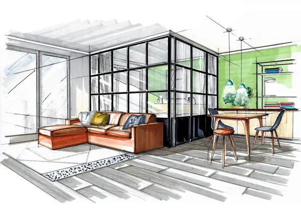 Oturma odasının perspektifi. Yatağı demir ve cam bölmelere ayrılmış.