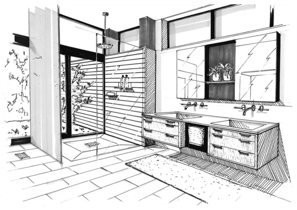 Sketch in perspective of a large bathroom with walk-inn shower and garden