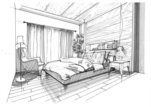 Interior design sketch of a double bedroom
