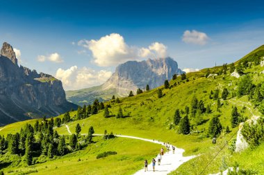 Val Gardena 'nın arka planında Sassolungo zirvesi var. Gardena Geçidi 'nin zirvelerinden gelen sayısız yol binlerce yürüyüşçü tarafından açılır. Güney Tyrol, İtalya.