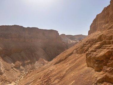 Uçsuz bucaksız bir çöl kanyonu engebeli, kayalık uçurumları berrak mavi gökyüzünün altında..