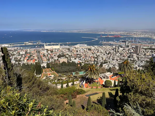 Hayfa, İsrail 'in panoramik manzarası, şehir manzarasını, Akdeniz' i ve Bahai Bahçelerini gösteriyor. Görüntü, açık mavi gökyüzünü ve ön plandaki canlı yeşilliği yakalar..