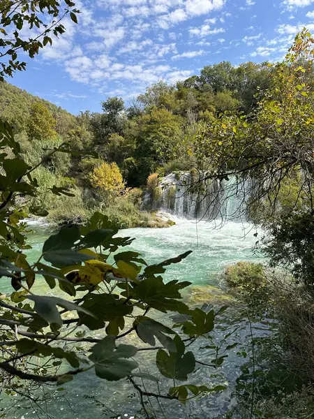 Bereketli yeşillik ve açık mavi gökyüzü ile çevrili manzaralı şelale..