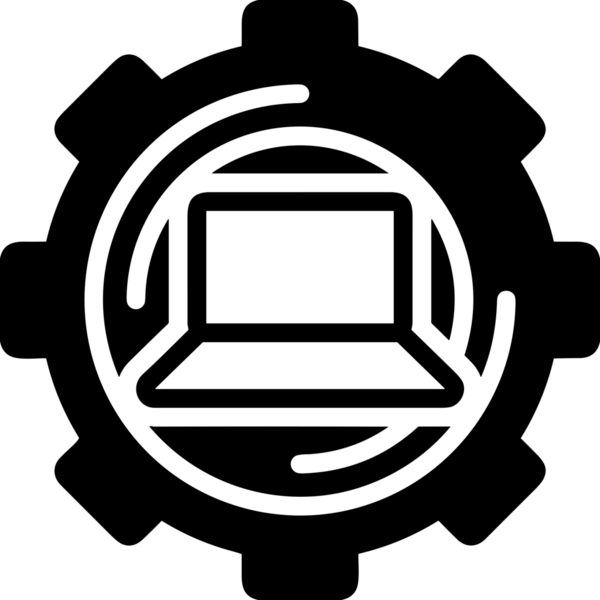 Şeffaf arkaplan ile PNG biçiminde bilgisayar logosu simgesi. Teknoloji markaları, bilişim hizmetleri, web geliştirme veya dijital ürünler için uygun minimalist siyah-beyaz tasarım. Çok yönlü markalaşma ve arayüz kullanımı için temiz ve modern sembol
