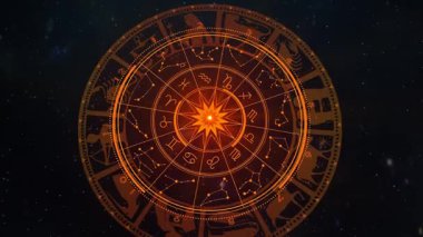 Uzayda burçların sembolleri ve burçların işaretleri olan Zodiac çemberi. Astroloji.