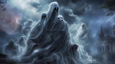 Hayaletler etrafa tehditkar bir şekilde bakar, bir kurban ararlar. Mistik bir atmosfer. Fantezi. Eski Kale.