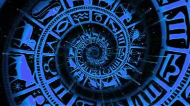 Uzayın derinliklerinden yaklaşan bir spiral içinde hareket eden burçların sembolleri ve işaretleri. Astrolojik işaretler ve semboller. Astroloji.