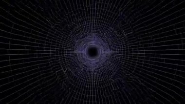 Dijital ızgara 3 boyutlu uzayda hareket eder. Çizgiler ve daireler tüneli.