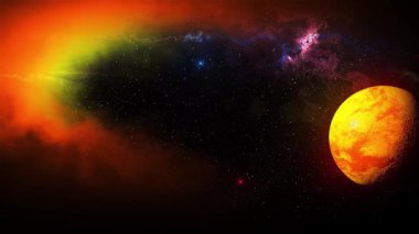 Uzay nebulası Venüs gezegenine yaklaşıyor. Venüs gezegeniyle uzay sahnesi. Uzay temalı fantezi.