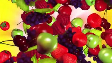 3 boyutlu tanıtım meyveleri. Uzayda dönüş. Sağlıklı beslenme. Vitamin seti. Vejetaryen yemekleri. Meyve çeşitleri..