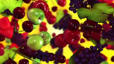 Meyve ve böğürtlenlerin 3 boyutlu gösterisi. Uzayda dönüş. Sağlıklı beslenme. Vitamin seti. Vejetaryen yemeği..