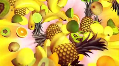 Üç boyutlu tropikal meyve gösterisi. Turunçgil meyvesi. Vitaminler. Sağlıklı yiyecekler. Vejetaryen yemeği..