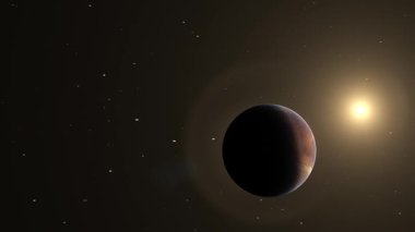Venüs gezegeninin Güneş 'in yörüngesindeki hareketi. Venüs 'ün hareketinin 3 boyutlu çizimi. Derin uzayın astronomik görüntüsü.