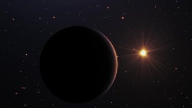 Venüs gezegeninin Güneş 'in yörüngesindeki hareketi. Venüs 'ün hareketinin 3 boyutlu çizimi. Derin uzayın astronomik görüntüsü.